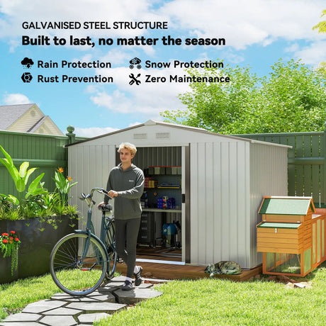 Outsunny Metal Bike Shed, Mobility Scooter Shed House with Foundation Kit, Ventilation, Doors, 9 x 6FT, Silver