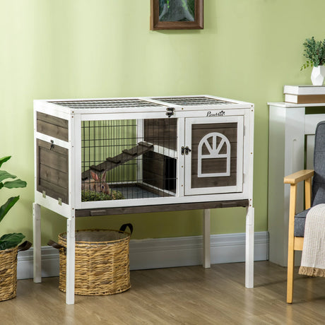 PawHut Wooden Rabbit Hutch, Guinea Pig Cage, with Removable Tray, Openable Roof