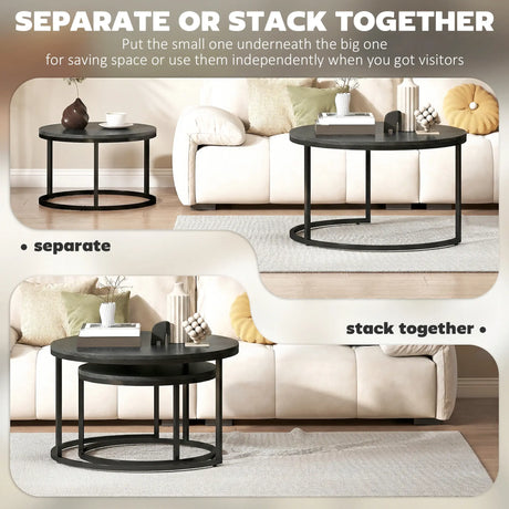 HOMCOM Set of Two Wood-Effect Stacking Tables - Black Wood Grain