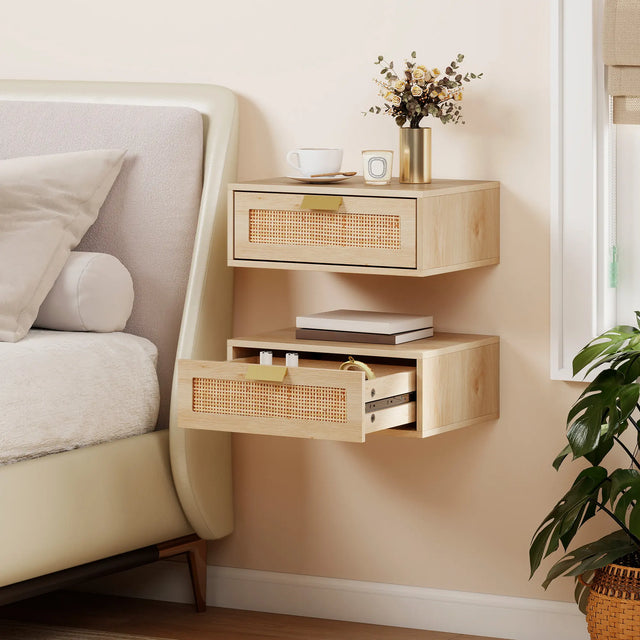 HOMCOM Floating Bedside Tables Set of 2, Wall Mounted Bedside Cabinets with Rattan Drawer and Wood Effect, Oak