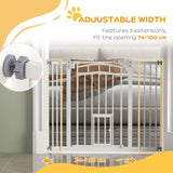 PawHut Pressure Fit Stair Dog Gate w/ Small Cat Door, Automatic Closing Door, Double Locking, for 74-100cm Openings - White