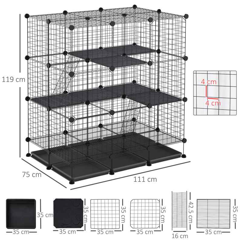 PawHut 3 Level DIY Pet Playpen Metal Small Animal Cage Rabbit Ferret Chinchillas Cage 4 Doors Bottom Trays Black