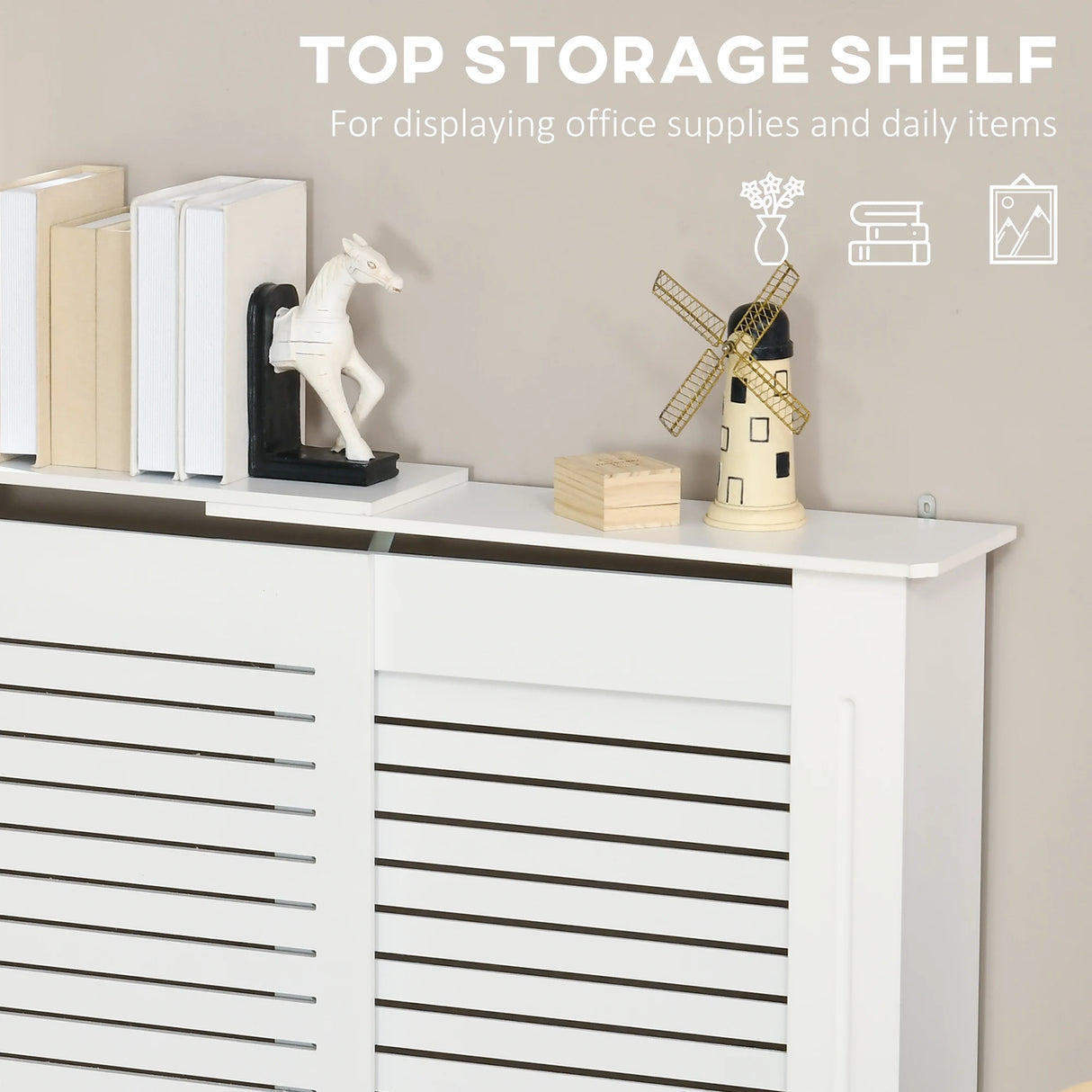 HOMCOM Set of 2 MDF Extendable Radiator Cover with Cabinet Shelving, Home Office Slatted Design, White 139-208.5L x 20.5W x 82.5H cm