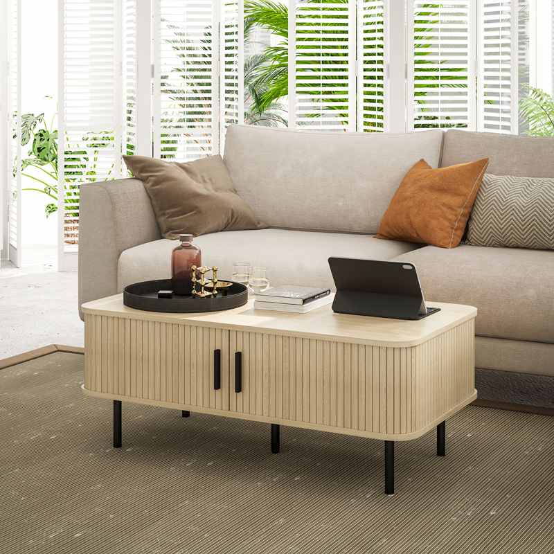 HOMCOM Coffee Table with Storage, Living Room Table with Slatted Tambour Sliding Doors and Foot Pads, Rectangular Coffee Table with Elevated Base for Living Room, Oak