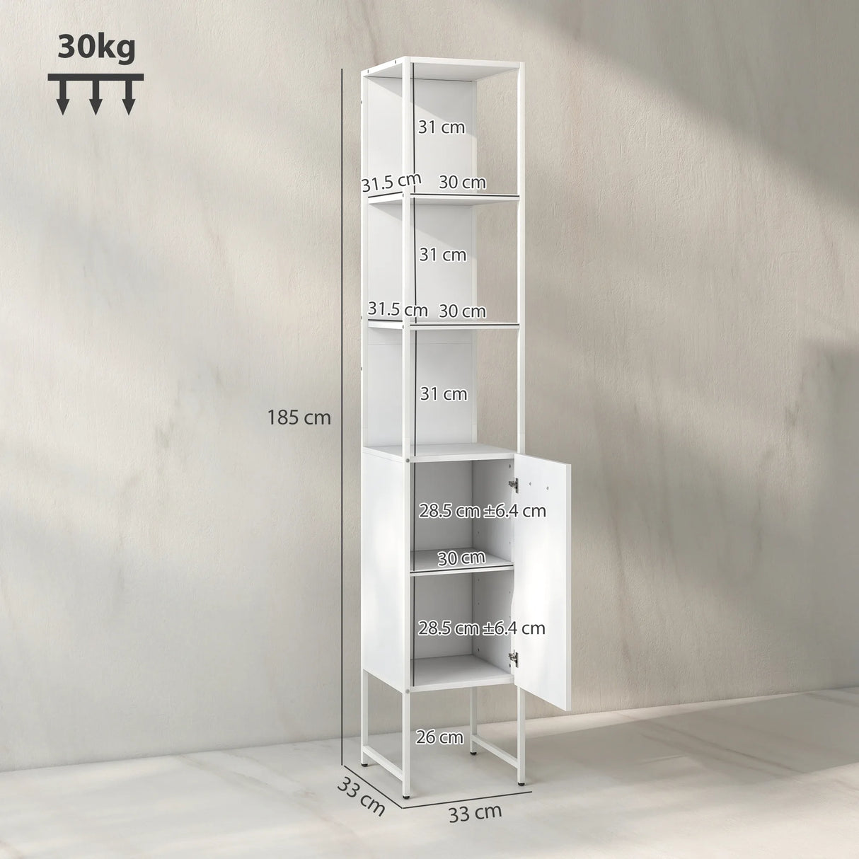 HOMCOM Tall Bathroom Cabinet with Open Shelves and Adjustable Shelf - White