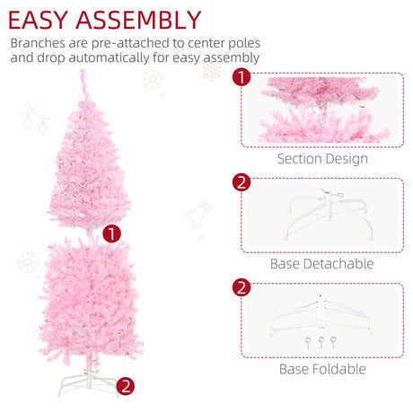 HOMCOM 5FT Tall Prelit Pencil Slim Artificial Christmas Tree with Realistic Branches, Warm White LED Lights and 408 Tips, Xmas Decoration, Pink