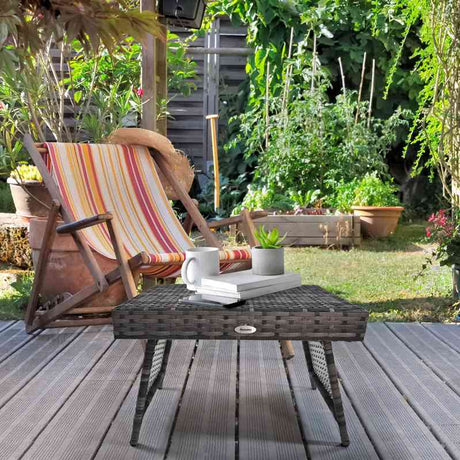 Outsunny Foldable Outdoor Coffee Table, Steel Frame Rattan Side Table, Coffee Table Side Table for Garden, Mixed Grey