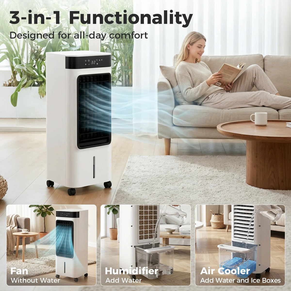 HOMCOM Portable Air Cooler, 3-In-1 Evaporative Air Cooler with 7 Litre Water Tank, 48 Oscillation, White