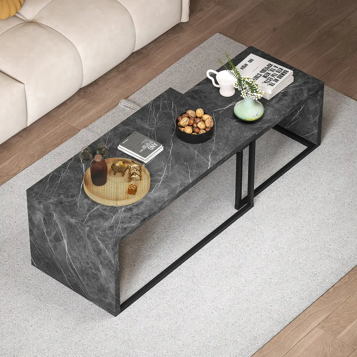 HOMCOM Coffee Tables Set of 2, Industrial Nest of Tables with Metal Frame for Living Room Bedroom, Dark Grey Marble Effect