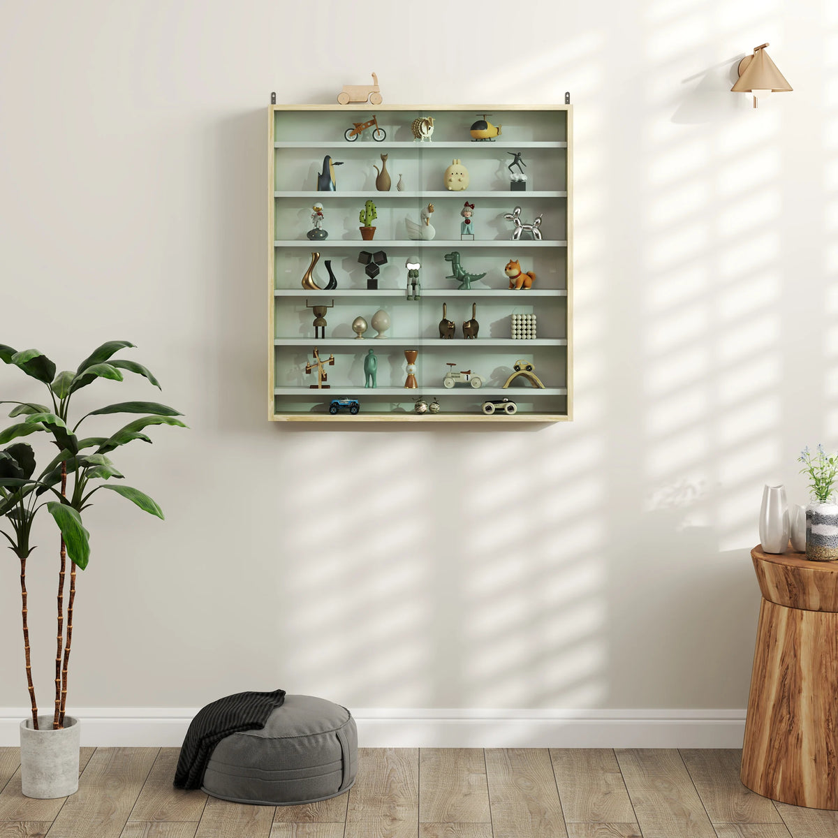 HOMCOM 7-Tier Wall Display Shelf Unit Cabinet w/ 6 Adjustable Shelves Glass Doors Home Office Ornaments 83x80cm, Oak
