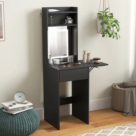 HOMCOM Small Vanity Desk with Mirror and LED Lights, Compact Dressing Table with Drop Leaf, Open Shelves and Drawer, Black