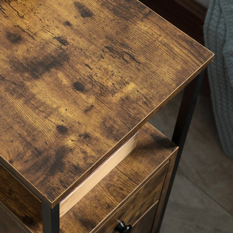 HOMCOM Set of 2 Side Table, Narrow Bedside Table with 2 Drawers and Storage Shelf, Industrial End Table with Metal Frame for Small Spaces, Rustic Brown