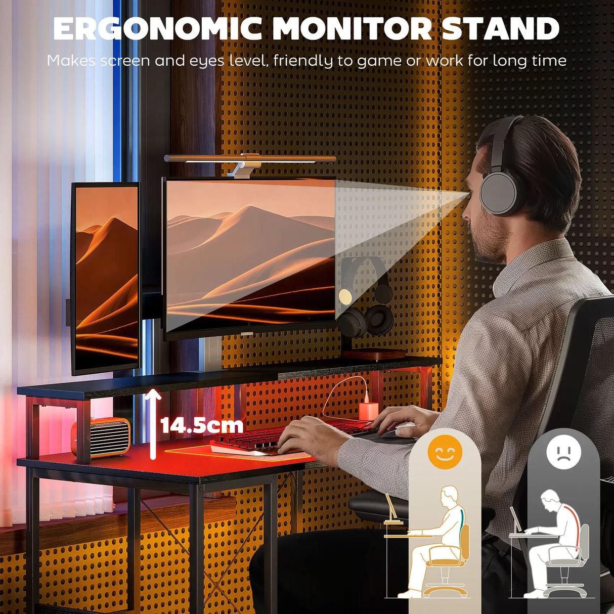 HOMCOM LED Computer Desk, with Power Outlets and Shelves - Black