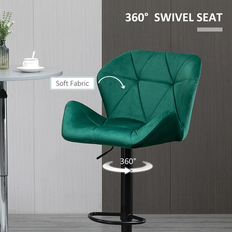 HOMCOM Bar Stools Set Of 2, Velvet-Touch Barstools with Metal Frame Footrest and Adjustable Height, Green