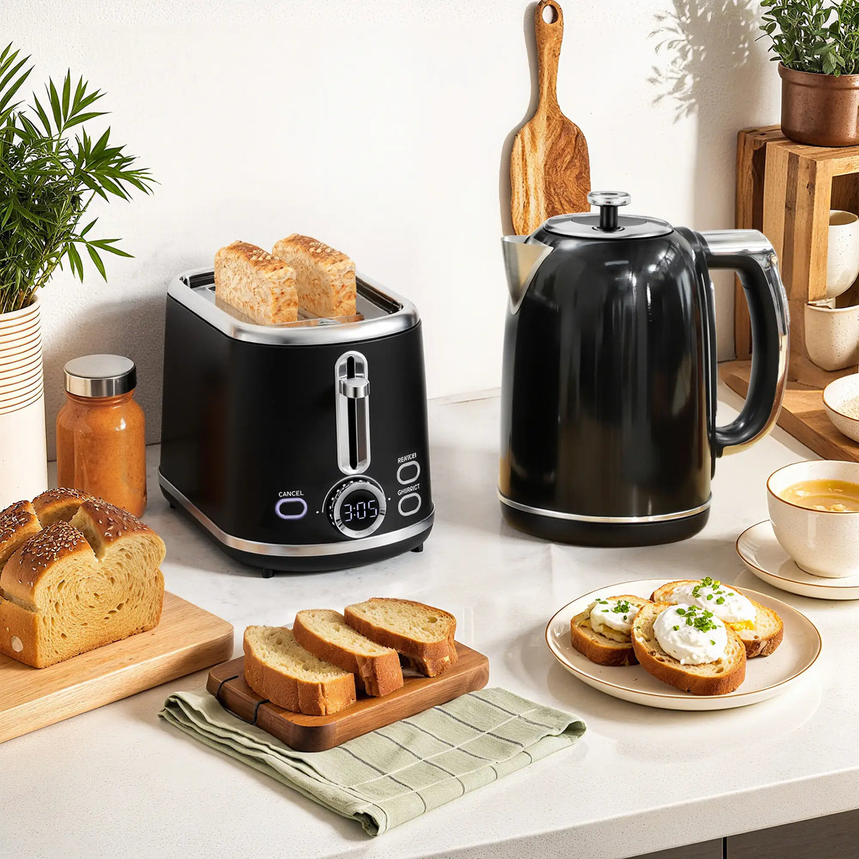 HOMCOM Polished Retro 40-100C Kettle and Toaster Set - Black
