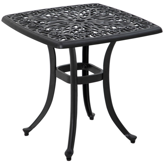 Outsunny Cast Aluminium Bistro Table, Outdoor Square Side Table with Umbrella Hole, Garden Table for Balcony, Black