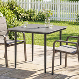 Outsunny Garden Dining Table for 4, 85 cm Square Outdoor Table with Umbrella Hole, Faux Wood Top, Metal Legs, Light Grey