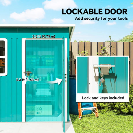Outsunny 7 x 4ft Galvanised Steel Garden Shed, with Lock and Gloves - Green