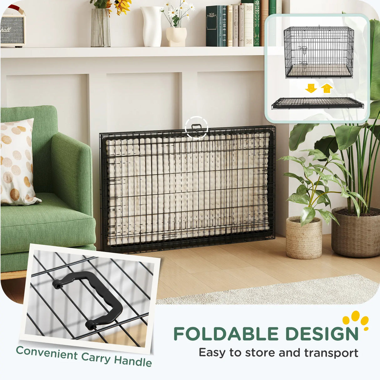 PawHut Foldable Dog Crate with 2 Doors with Tray, Soft Cushion, for Extra and Large Dogs, 105 x 70 x 75, Black