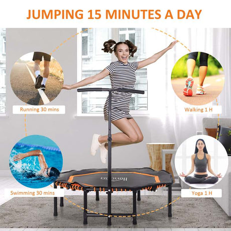 HOMCOM 48" Octagonal Mini Fitness Trampoline Rebounder Indoor Outdoor Foldable Mini Jumper with Adjustable Handle, Max Load 100 KG - Orange