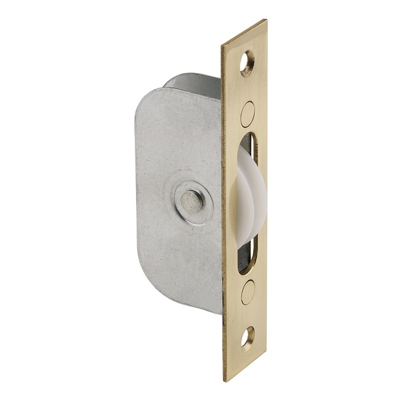 SASH WINDOW AXLE PULLEY NO 2 SQUARE POLISHED BRASS FOREND WITH NYLON WHEEL - POLISHED BRASS - 117MM X 25MM - EACH