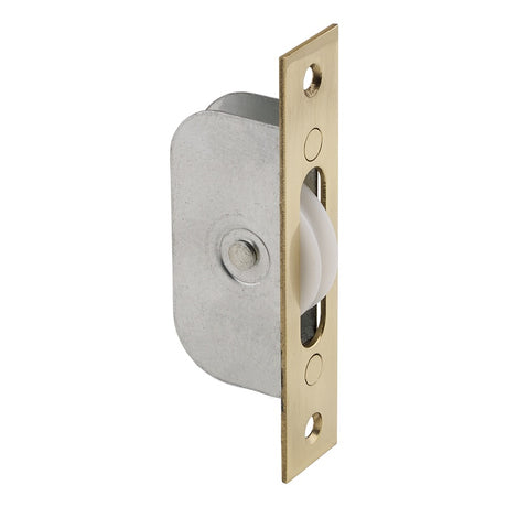 SASH WINDOW AXLE PULLEY NO 2 SQUARE POLISHED BRASS FOREND WITH NYLON WHEEL - POLISHED BRASS - 117MM X 25MM - EACH