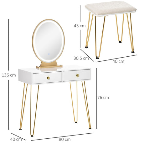 HOMCOM Dressing Table Set with LED Light, Round Mirror, Vanity Makeup Table with 2 Drawers and Cushioned Stool for Bedroom, White