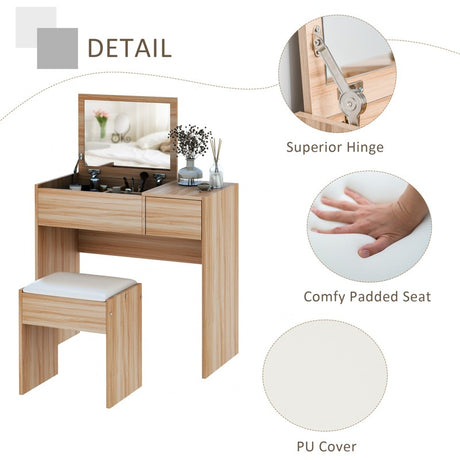 HOMCOM Makeup Desk with Drawer, Vanity Table Set with Flip-up Mirror and Cushioned Stool, Natural