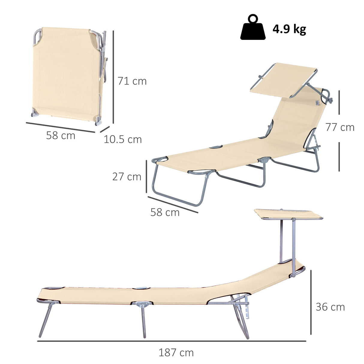 Outsunny Outdoor Foldable Sun Lounger, 4 Level Adjustable Backrest Reclining Sun Lounger Chair with Angle Adjust Sun Shade Awning for Beach, Garden, Patio, Beige