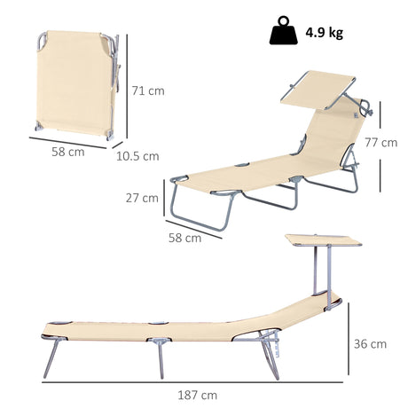 Outsunny Outdoor Foldable Sun Lounger, 4 Level Adjustable Backrest Reclining Sun Lounger Chair with Angle Adjust Sun Shade Awning for Beach, Garden, Patio, Beige