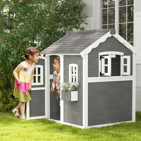 Outsunny Wooden Playhouse for Kids with Doors, Windows, Plant Box, Floors, for Ages 3-8 Years, for Gardens, Lawns, Patios - Grey