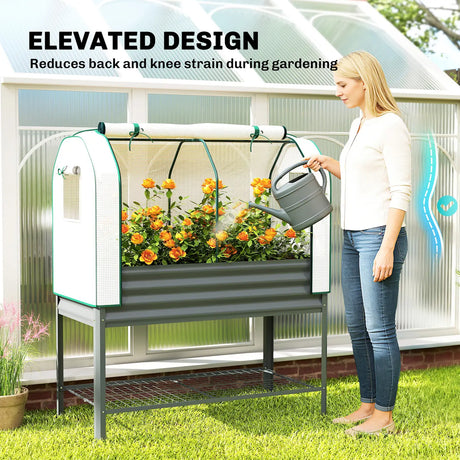 Outsunny Galvanised Raised Planter with Greenhouse Cover, Metal Raised Garden Bed on Legs with Bed Liner and Bottom Shelf