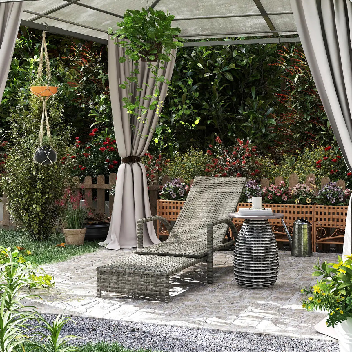 Outsunny Reclining Rattan Lounger, with Extending Footrest - Grey