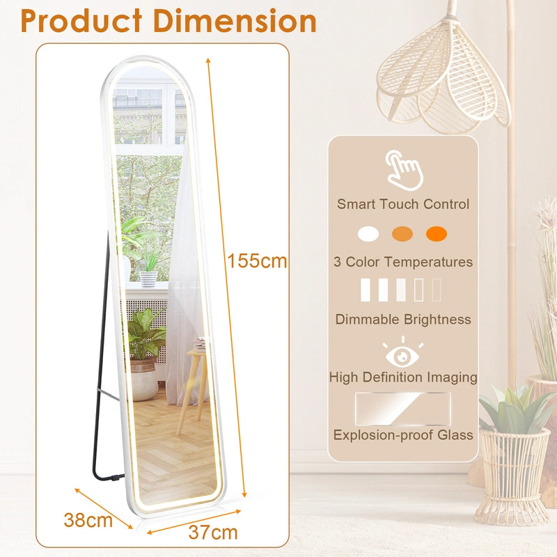 Arch Full Length Mirror with LED Lights and 3 Color Lighting-White