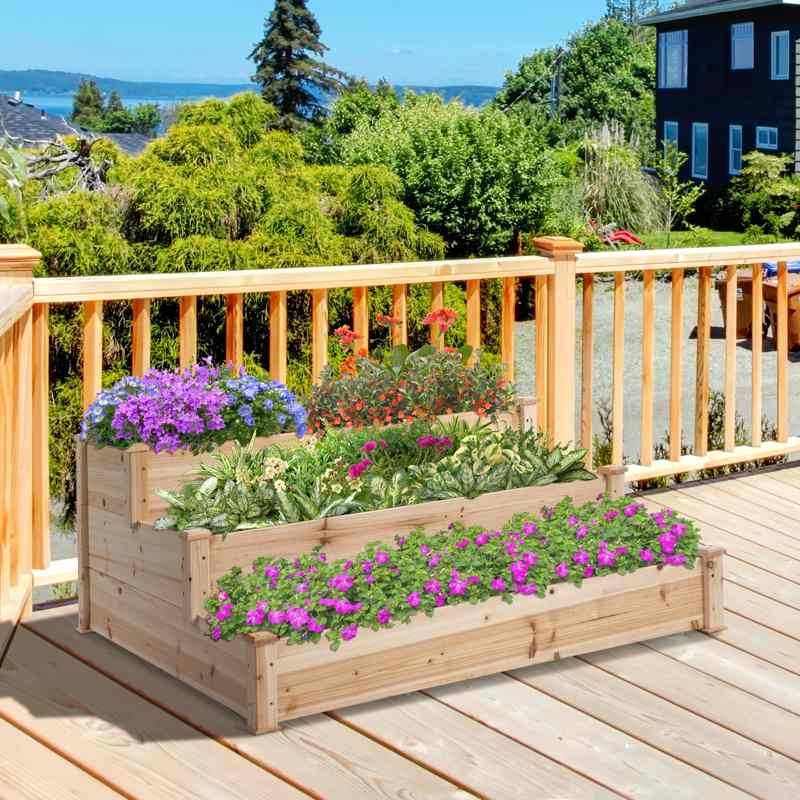 Outsunny 470L Raised Garden Bed, 3-Tier Planter Kit, Elevated Wooden Planters for Garden, Yard & Patio, 124 x 124 x 56 cm