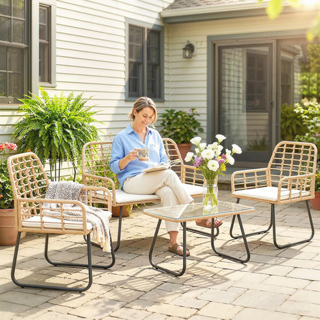 Outsunny 4 Piece Rattan Garden Furniture Set, Outdoor Patio Furniture with Loveseat, Armchairs and Coffee Table