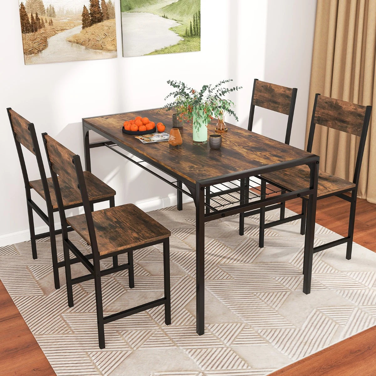 Armless Dinner Chairs Set of 2 with Metal Legs and Slanted Back-Rustic Brown