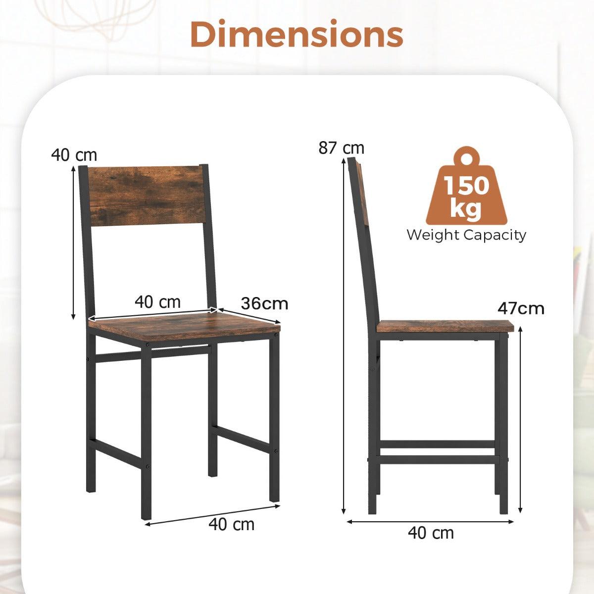 Armless Dinner Chairs Set of 2 with Metal Legs and Slanted Back-Rustic Brown