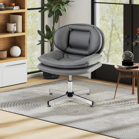 Armless Office Chair with Double Padded Back and Criss Cross Metal Base-Grey
