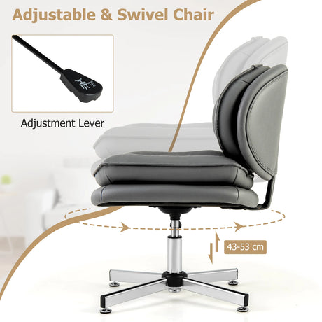 Armless Office Chair with Double Padded Back and Criss Cross Metal Base-Grey