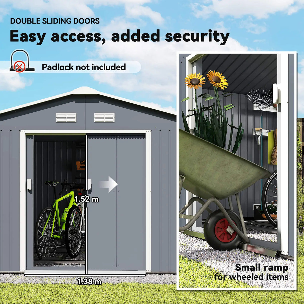 Outsunny 13 x 11ft Metal Garden Shed, Outdoor Storage Tool House with Ventilation Slots, Foundation Kit and Lockable Double Doors, Grey