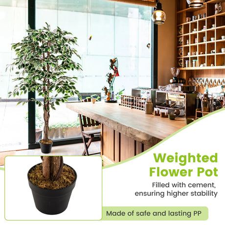 Artificial Ficus Tree Tall Faux Indoor Plant with 1008 Leaves Nursery Pot and Dried Moss