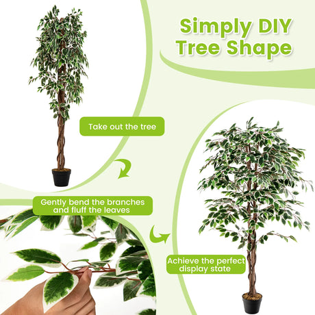 Artificial Ficus Tree Tall Faux Indoor Plant with 1008 Leaves Nursery Pot and Dried Moss