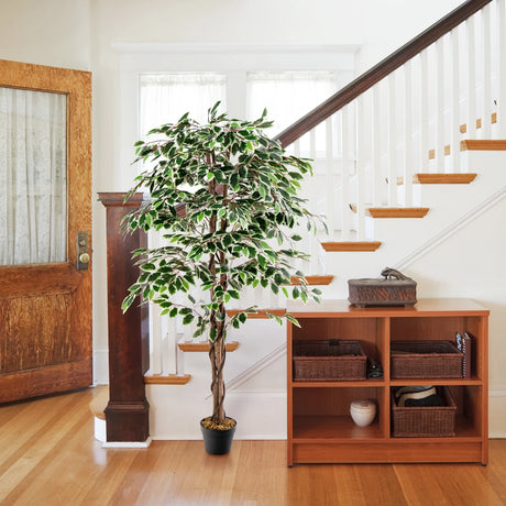 Artificial Ficus Tree Tall Faux Indoor Plant with 1008 Leaves Nursery Pot and Dried Moss