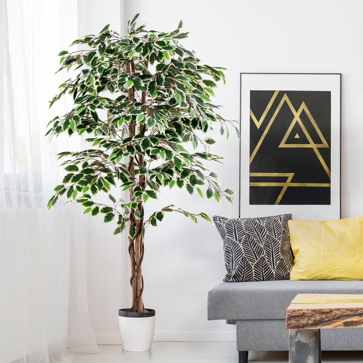 Artificial Ficus Tree Tall Faux Indoor Plant with 1008 Leaves Nursery Pot and Dried Moss