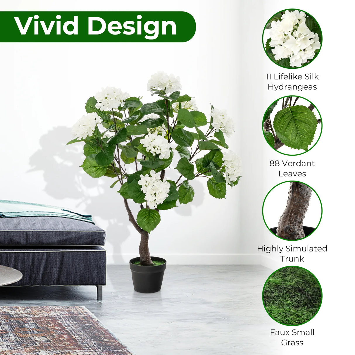 Artificial Hydrangea Tree with 11 White Flowers-2 Pieces