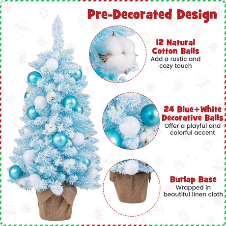 90 CM Artificial Mini Snow Flocked Christmas Tree with Natural Cotton Balls-Blue