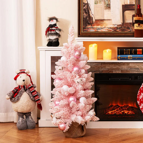 90 CM Artificial Mini Snow Flocked Christmas Tree wiht Natural Cotton Balls-Pink