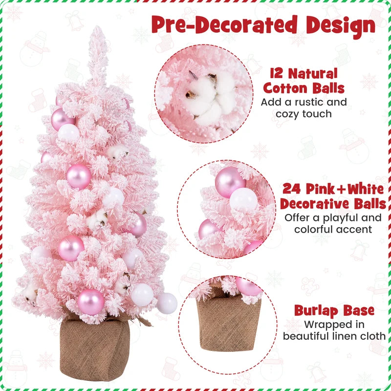 90 CM Artificial Mini Snow Flocked Christmas Tree wiht Natural Cotton Balls-Pink