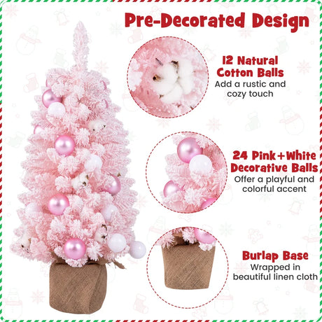 90 CM Artificial Mini Snow Flocked Christmas Tree wiht Natural Cotton Balls-Pink